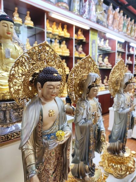 Tượng tây Phương tam thánh đứng dát vàng 24k vẽ gấm tới lá đề 54cm