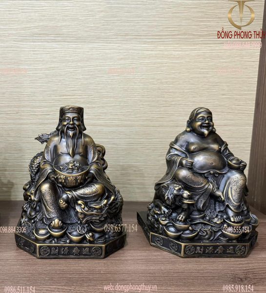 Tượng thần tài thổ địa rồng hổ bằng đồng cao 20cm