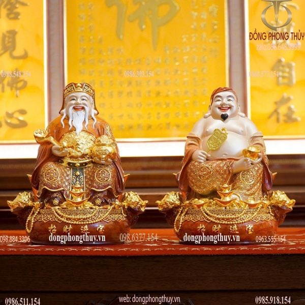 Thần Tài - Thần Tiền - Thổ Địa bằng đồng dát vàng 24k vẽ gấm đỏ cao 30cm