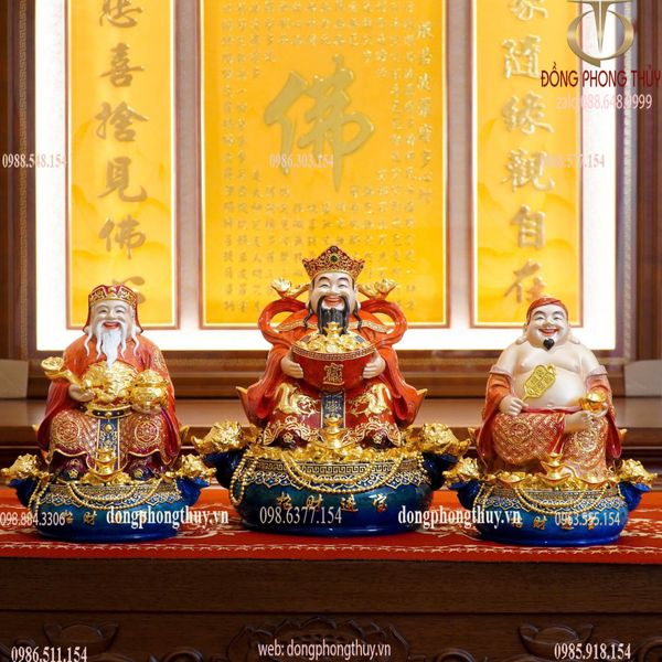 Thần Tài - Thần Tiền - Thổ Địa bằng đồng dát vàng 24k vẽ gấm đỏ cao 30cm