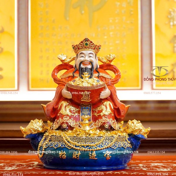 Thần Tài - Thần Tiền - Thổ Địa bằng đồng dát vàng 24k vẽ gấm đỏ cao 30cm