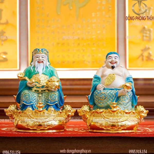 Thần Tài - Thần Tiền - Thổ Địa bằng đồng dát vàng 24k vẽ gấm xanh cao 30cm