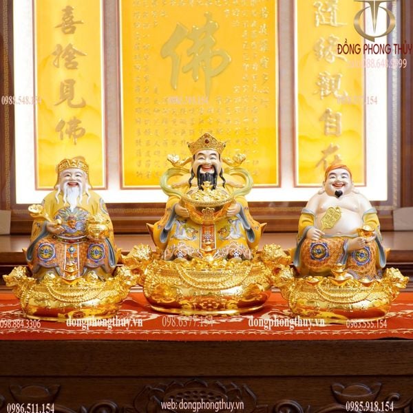Thần Tài - Thần Tiền - Thổ Địa bằng đồng dát vàng 24k vẽ gấm màu cam cao 30cm