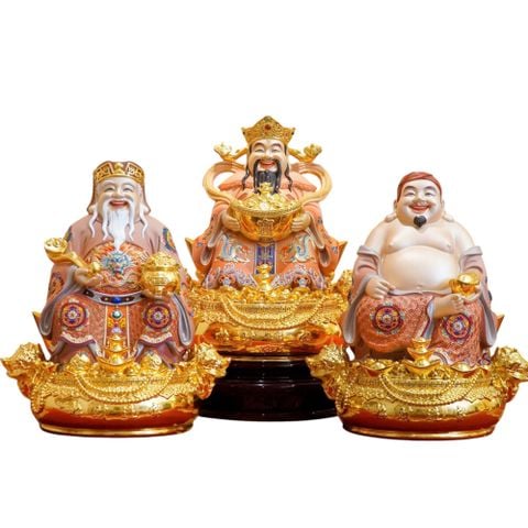 Thần Tài - Thần Tiền - Thổ Địa bằng đồng dát vàng 24k vẽ gấm màu cam cao 30cm