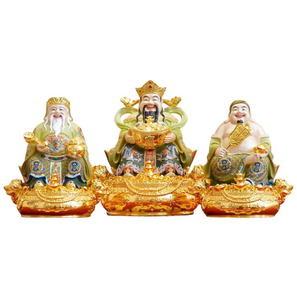 Thần Tài - Thần Tiền - Thổ Địa bằng đồng dát vàng 24k vẽ gấm xanh lá cao 30cm