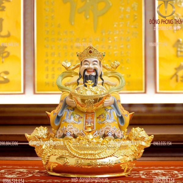 Thần Tài - Thần Tiền - Thổ Địa bằng đồng dát vàng 24k vẽ gấm màu cam cao 30cm