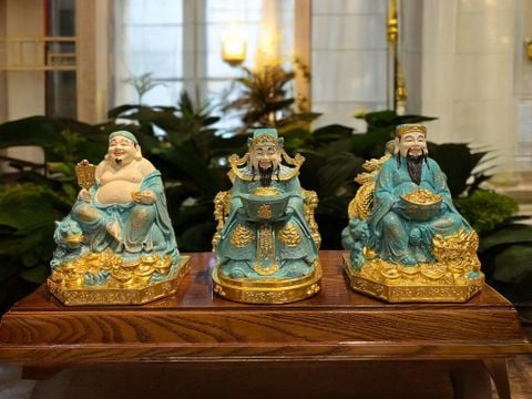 Tượng thần tài - thần tiền - thổ địa bằng đồng màu xanh khoáng, dát vàng cao cấp