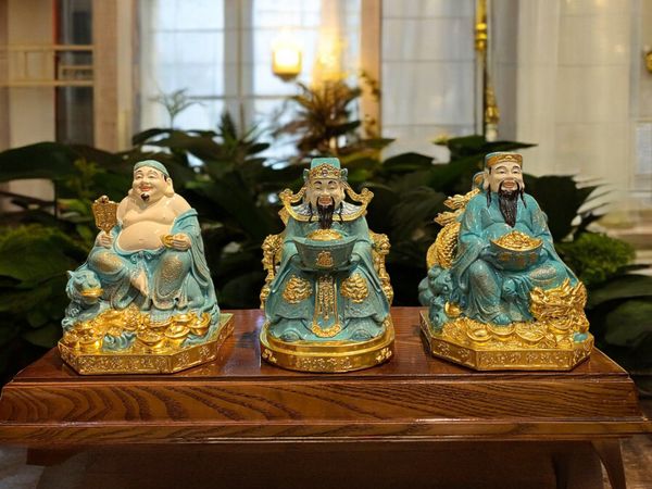 Tượng thần tài - thần tiền - thổ địa bằng đồng màu xanh khoáng, dát vàng cao cấp