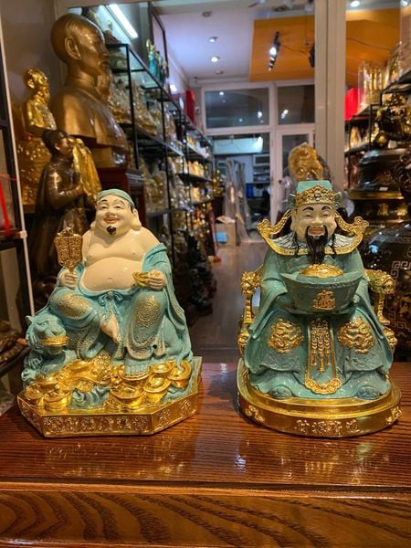Tượng thần tài - thần tiền - thổ địa bằng đồng màu xanh khoáng, dát vàng cao cấp