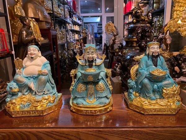 Tượng thần tài - thần tiền - thổ địa bằng đồng màu xanh khoáng, dát vàng cao cấp