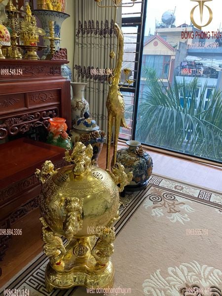 Thất lân vờn cầu 90cm cát tút cày nổi dát vàng và đôi hạc dát vàng