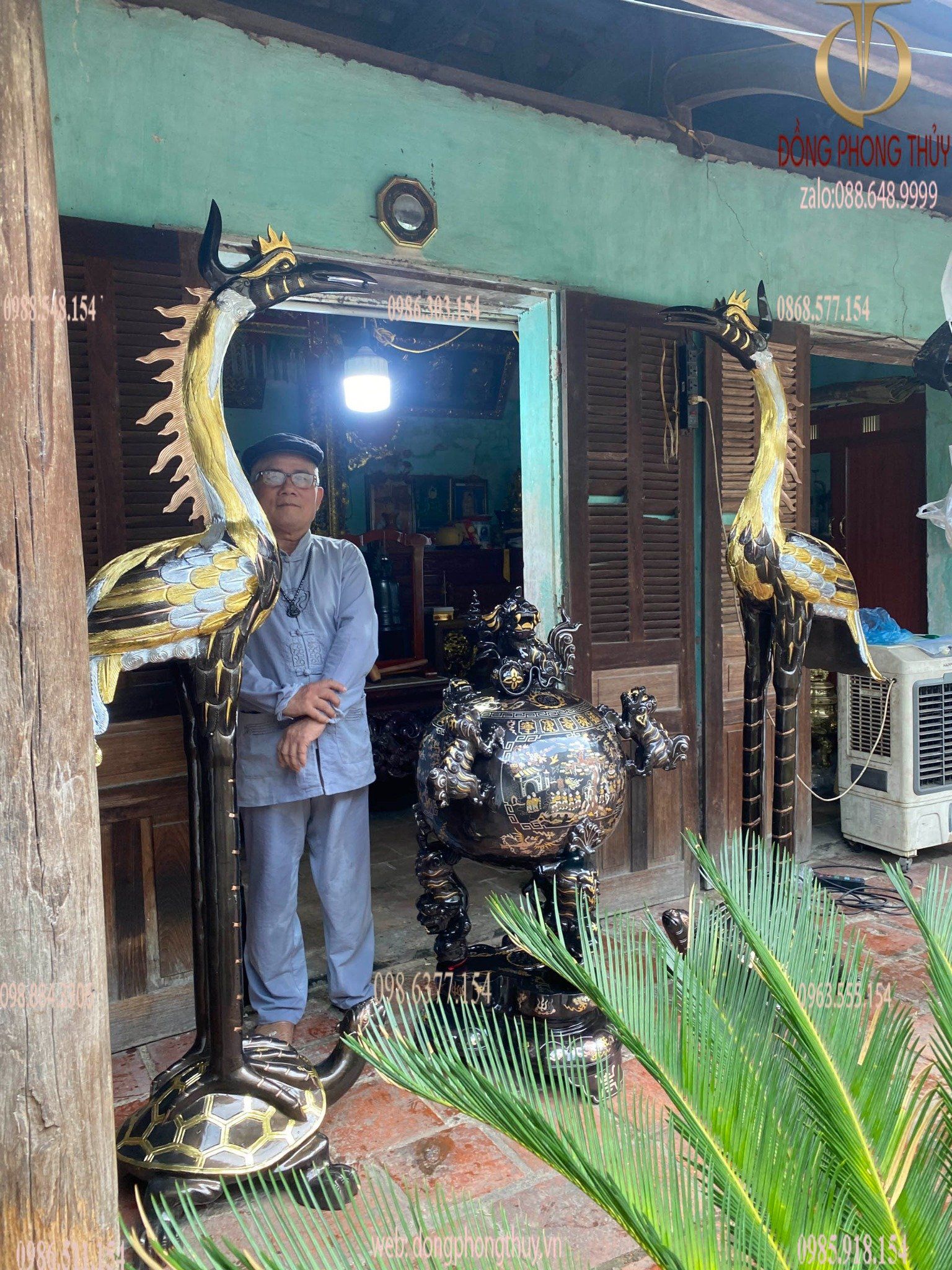 Thất lân vờn cầu khảm tam khí 1m2 + đôi hạc đồng 1m97