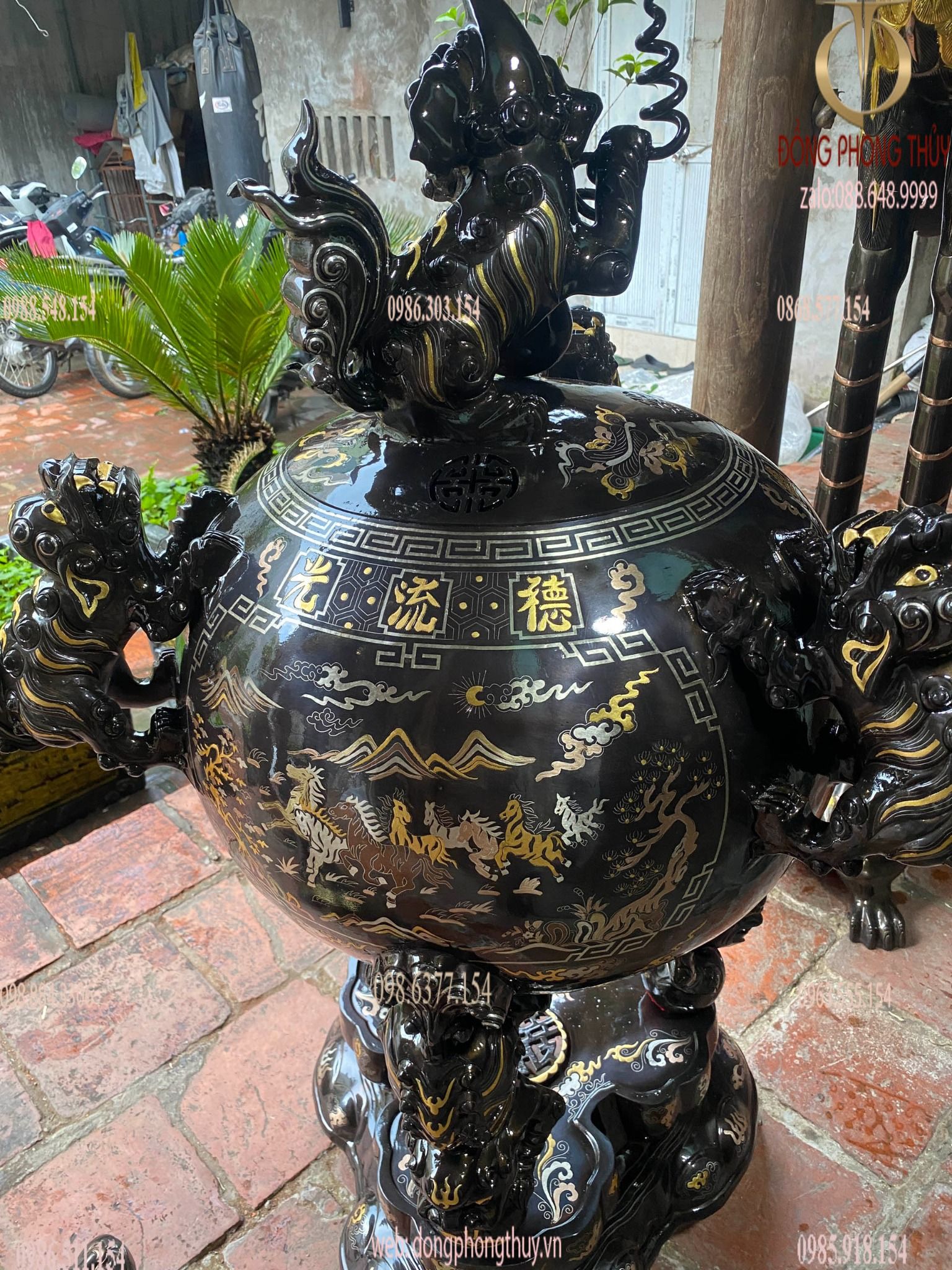Thất lân vờn cầu khảm tam khí 1m2 + đôi hạc đồng 1m97