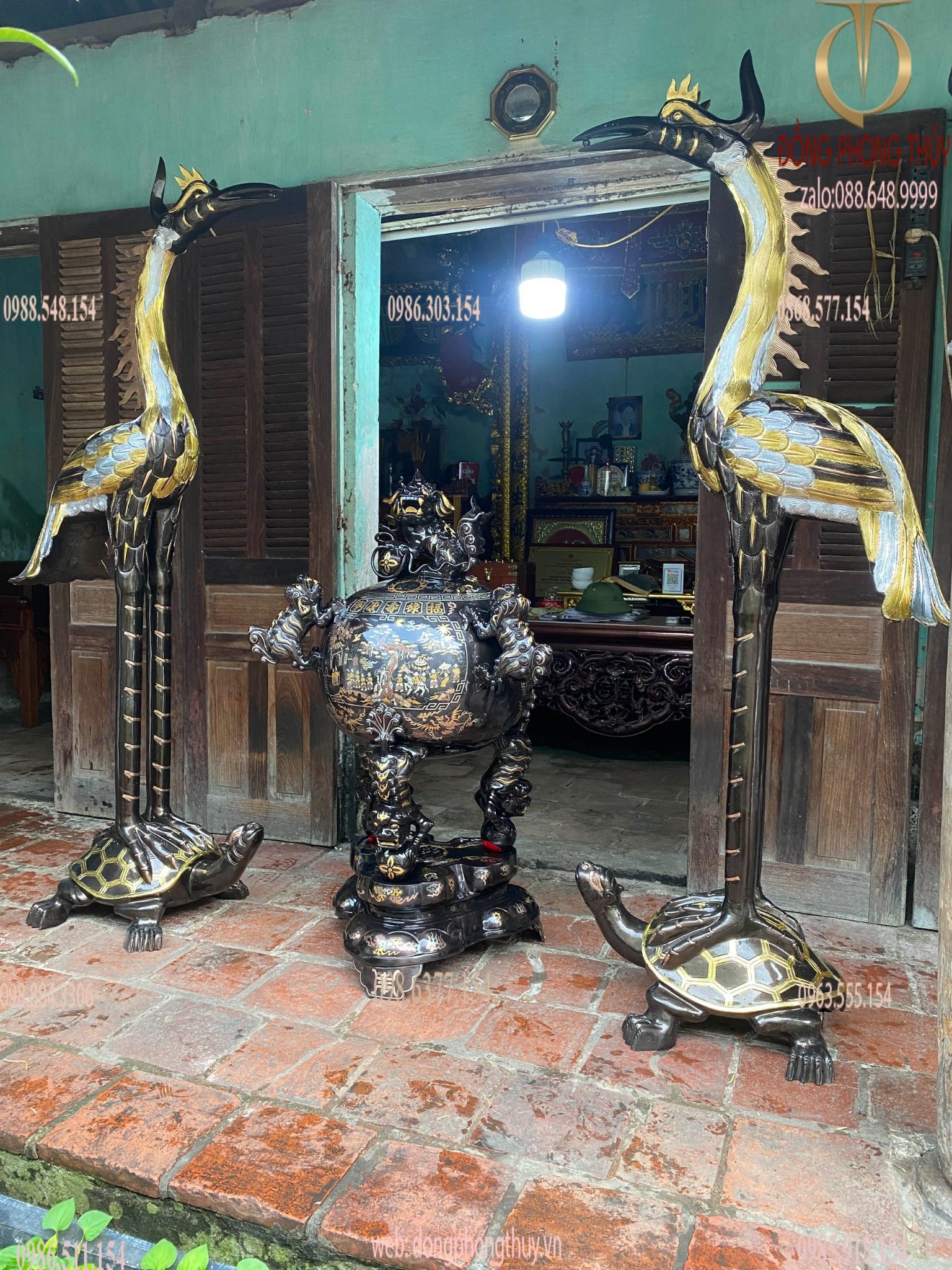 Thất lân vờn cầu khảm tam khí 1m2 + đôi hạc đồng 1m97