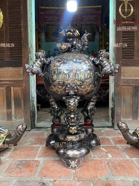 Thất lân vờn cầu khảm tam khí 1m2 + đôi hạc đồng 1m97