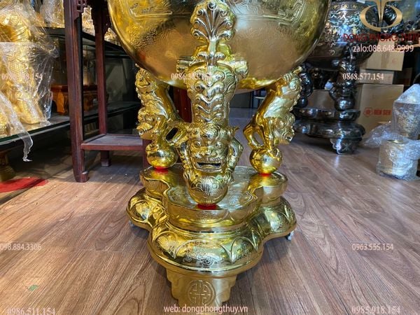 Thất lân vờn cầu 90cm cát tút cày nổi dát vàng và đôi hạc dát vàng