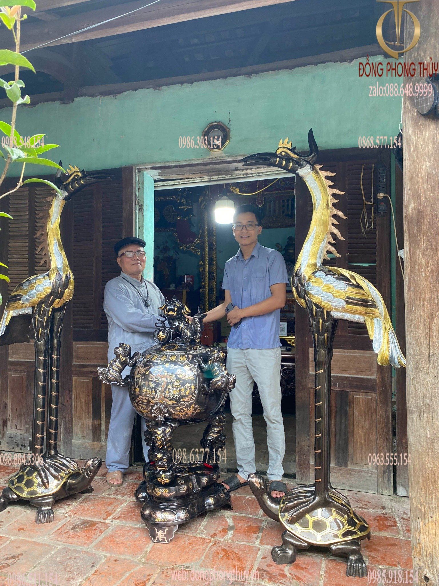 Thất lân vờn cầu khảm tam khí 1m2 + đôi hạc đồng 1m97