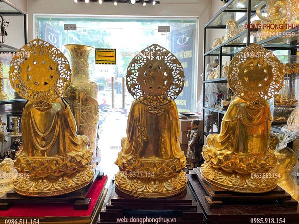 Tây Phương Tam Thánh lá đề bằng đồng dát vàng 24K vẽ màu cao cấp