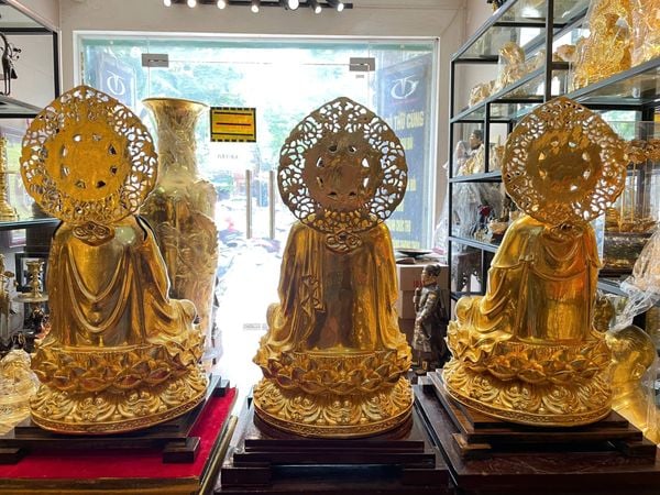 Tượng tây Phương Tam Thánh lá đề bằng đồng dát vàng 24K vẽ màu