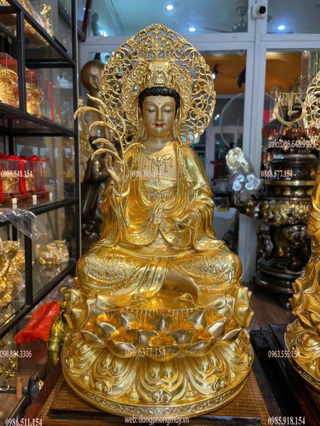 Tây Phương Tam Thánh lá đề bằng đồng dát vàng 24K vẽ màu cao cấp