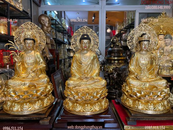 Tây Phương Tam Thánh lá đề bằng đồng dát vàng 24K vẽ màu cao cấp
