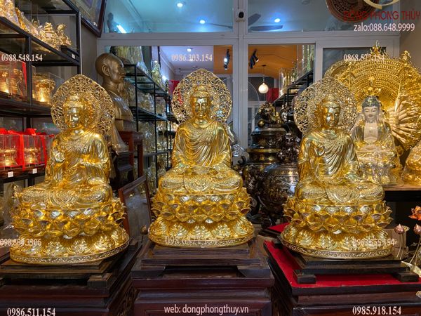 Tượng Bổn Sư Thích Ca Chuyển Pháp Luân bằng đồng dát vàng 24K cao 45, ngang 26, sâu 23, nặng 41,8kg