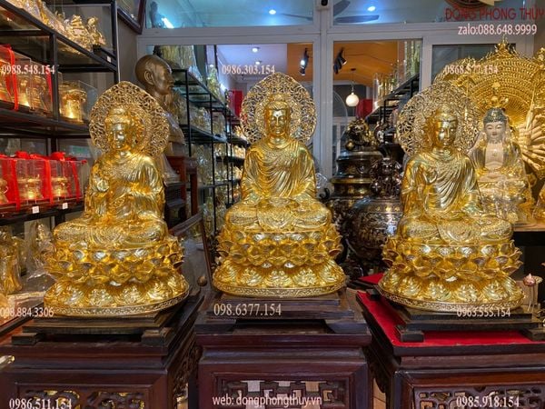 Tượng Bổn Sư Thích Ca Chuyển Pháp Luân bằng đồng dát vàng 24K cao 45, ngang 26, sâu 23, nặng 41,8kg