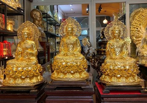 Tượng tam Thánh phật Thích Ca Chuyển Pháp Luân bằng đồng dát vàng 24K