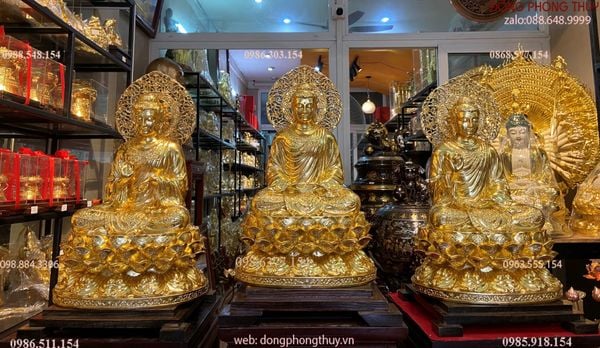 Tượng Bổn Sư Thích Ca Chuyển Pháp Luân bằng đồng dát vàng 24K cao 45, ngang 26, sâu 23, nặng 41,8kg