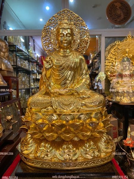 Tượng Bổn Sư Thích Ca Chuyển Pháp Luân bằng đồng dát vàng 24K cao 45, ngang 26, sâu 23, nặng 41,8kg