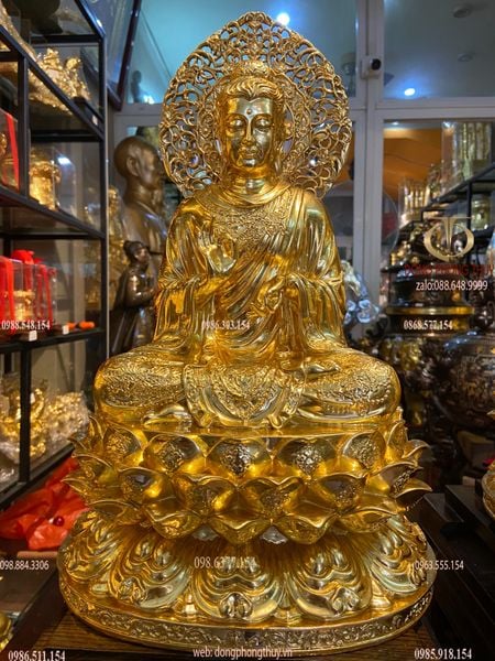 Tượng Bổn Sư Thích Ca Chuyển Pháp Luân bằng đồng dát vàng 24K cao 45, ngang 26, sâu 23, nặng 41,8kg