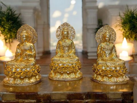 Tượng Bổn Sư Thích Ca Chuyển Pháp Luân bằng đồng dát vàng 24K cao 45, ngang 26, sâu 23, nặng 41,8kg