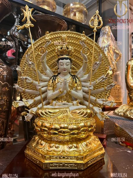 Tượng thiên thủ thiên nhãn bằng đồng dát vàng vẽ màu cao cấp cao 44cm