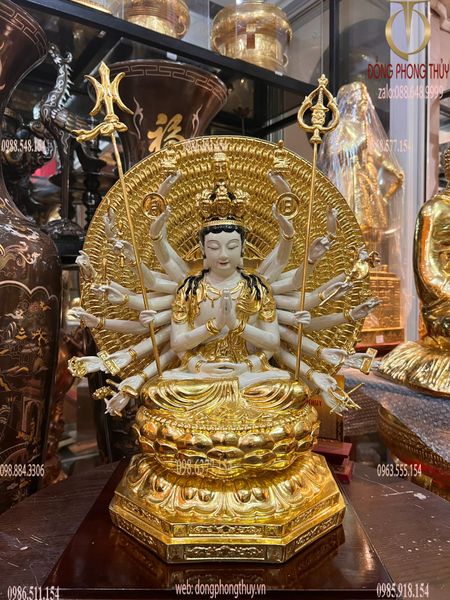 Tượng thiên thủ thiên nhãn bằng đồng dát vàng vẽ màu cao cấp cao 44cm