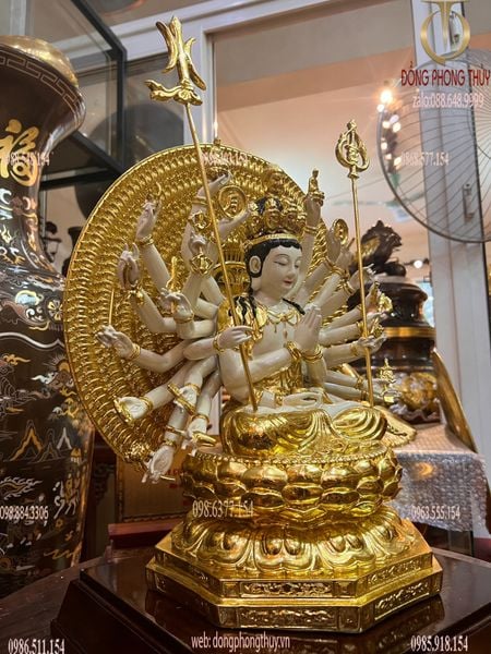 Tượng thiên thủ thiên nhãn bằng đồng dát vàng vẽ màu cao cấp cao 44cm