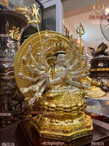 Tượng thiên thủ thiên nhãn bằng đồng dát vàng vẽ màu cao cấp cao 44cm