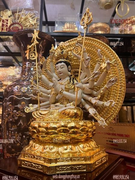 Tượng thiên thủ thiên nhãn bằng đồng dát vàng vẽ màu cao cấp cao 44cm