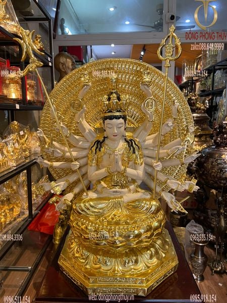 Tượng thiên thủ thiên nhãn bằng đồng dát vàng vẽ màu cao cấp cao 44cm