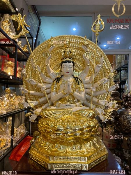 Tượng thiên thủ thiên nhãn bằng đồng dát vàng vẽ màu cao cấp cao 44cm