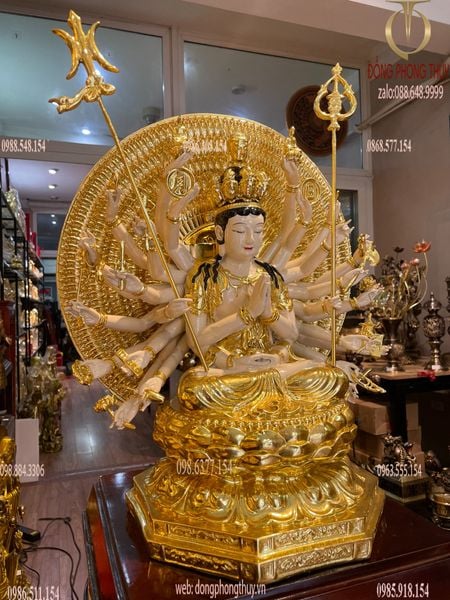 Tượng thiên thủ thiên nhãn bằng đồng dát vàng vẽ màu cao cấp cao 44cm