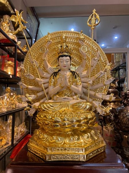 Tượng thiên thủ thiên nhãn bằng đồng dát vàng vẽ màu cao cấp cao 44cm