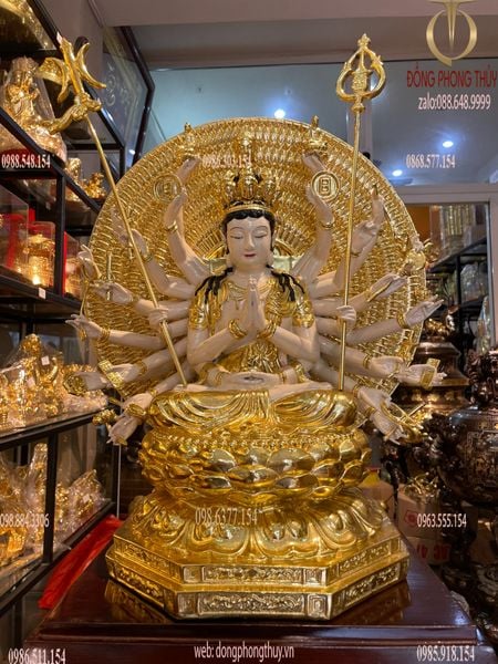 Tượng thiên thủ thiên nhãn bằng đồng dát vàng vẽ màu cao cấp cao 44cm