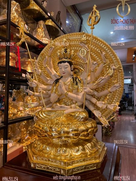 Tượng thiên thủ thiên nhãn bằng đồng dát vàng vẽ màu cao cấp cao 44cm