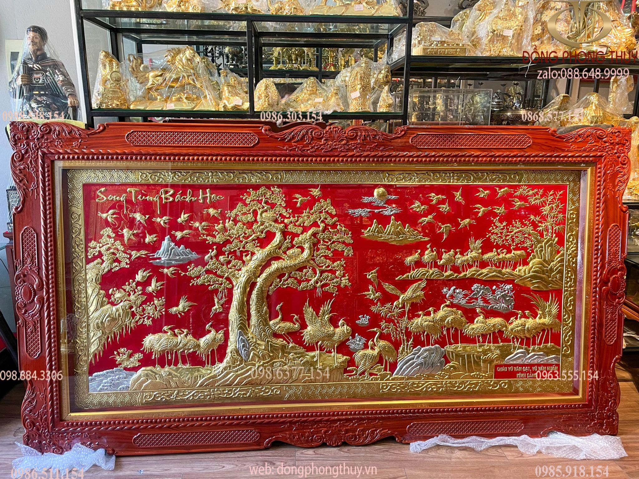 Tranh bách hạc quần hùng dát vàng 24k