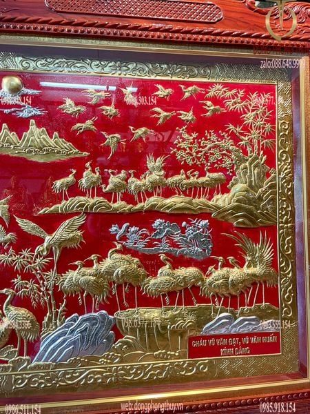 Tranh mạ vàng - Tranh bách hạc quần hùng dát vàng 24k