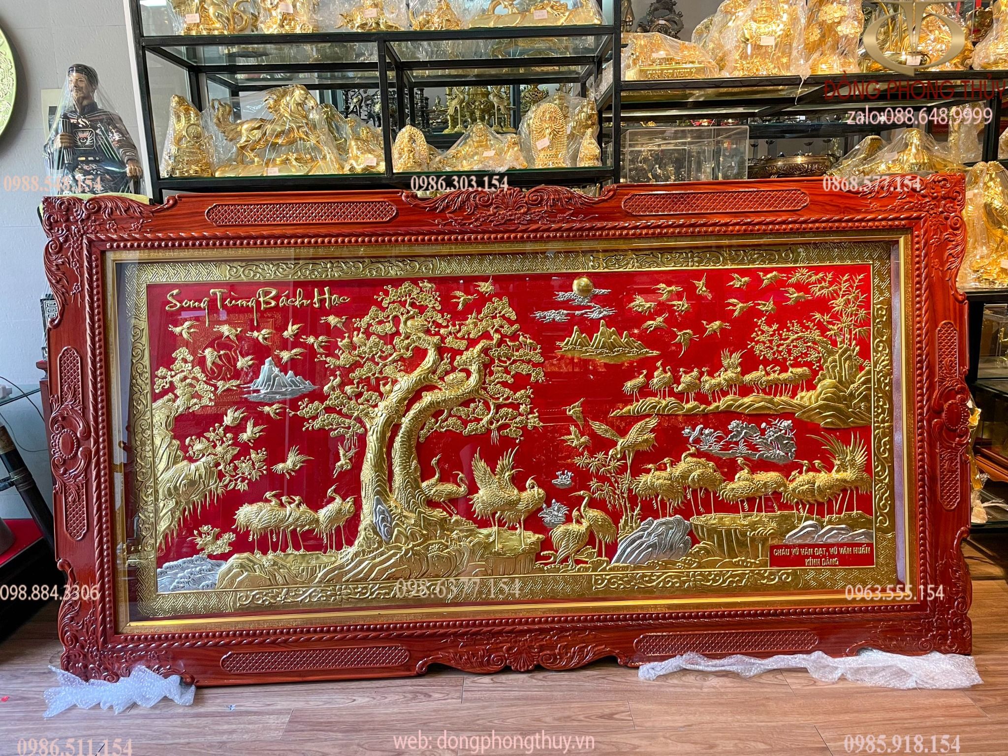 Tranh bách hạc quần hùng dát vàng 24k