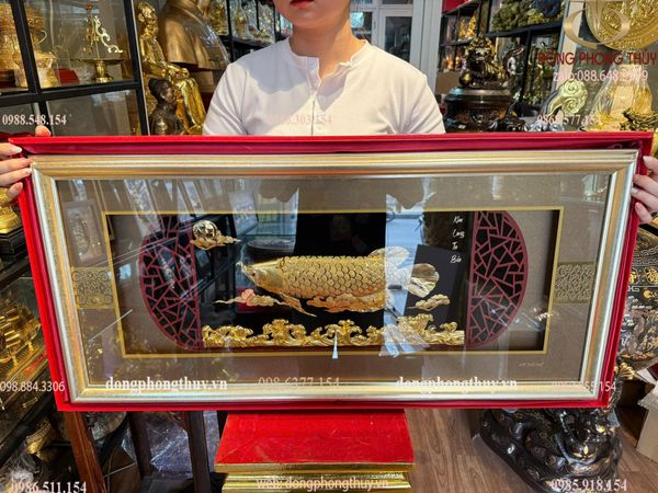 Tranh cá Kim Long Tụ Bảo mạ vàng 24k 42x90x7cm