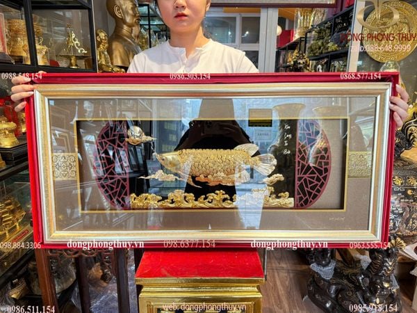 Tranh cá Kim Long Tụ Bảo mạ vàng 24k 42x90x7cm