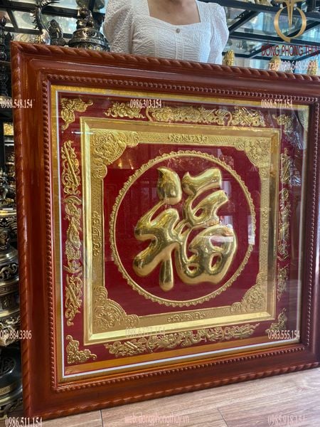 Tranh mạ vàng chữ Phúc 1m1 vuông, bằng đồng đỏ dát vàng 24k