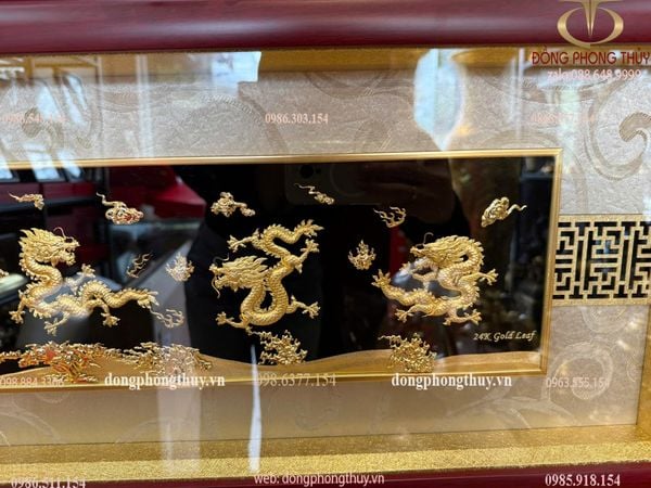 Tranh cửu long bằng đồng mạ vàng 24k 33x127cm